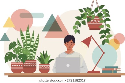 Trabajo desde el concepto de casa con el hombre joven que trabaja en el ordenador portátil en el escritorio acogedor rodeado de plantas de casa, lámpara de escritorio y libros, Ilustración vectorial plana moderna para el estilo de vida de la oficina remota.