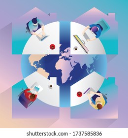 Work from home concept, Young people, businessmen, and women freelancers working on laptops at home. People at home in quarantine. Staying at home, Teamwork remote, vector illustration, Flat Design