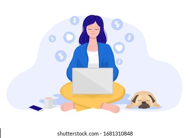 Work from home concept, A young woman using laptop computer with currency symbols, Vector