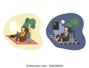 Work from home concept. Young woman working at home in quarantine sitting on beanbag with laptop and cat. Day and night scene. Vector flat style illustration. Stay home concept.