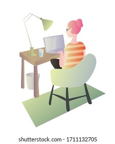 Work at home concept. Young  woman freelancer working on laptop remote on quarantine or studing online. Cute vector illustration