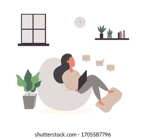 Work from home Conceptual illustration Young women work independently on the sofa and laptop computers at home. And flower pot placed beside Social Distance Vector Illustration