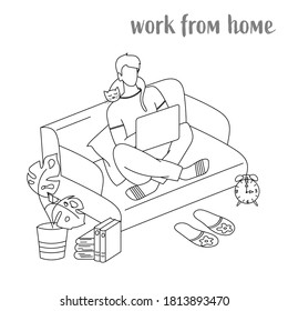 Work from home. A Conceptual Set Of Doodles. A man with a laptop on the couch. EPS 10