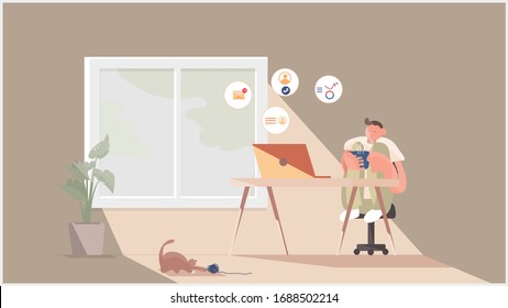 Work from home concept.Vector illustration of young man drinking tea or coffee while taking a break from work.self isolation,stay home  during covid-19 lock down. Social distancing.Life changing.