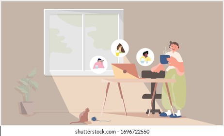 Work from home concept.Vector illustration of young man drinking tea or coffee while making vdo meeting conference.self isolation,stay home  during covid-19 lock down. Social distancing.Life changing.