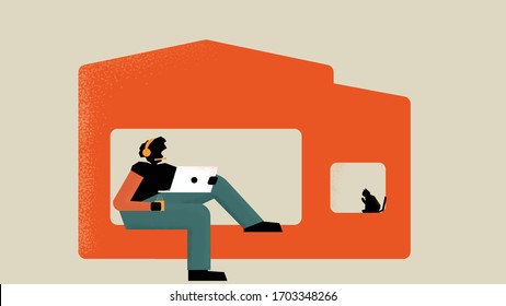 Work from home concept.Vector illustration of young man drinking tea or coffee while making vdo meeting conference.self isolation,stay home  during covid-19 lock down. Social distancing.Life changing.