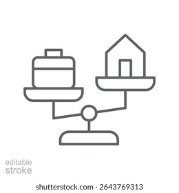 Work home conflict icon Outline line symbol of unbalanced life with job briefcase and house showing burnout stress editable stroke style