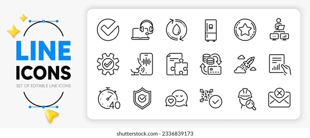 Work home, Consult and Qr code line icons set for app include Document, Inspect, Startup rocket outline thin icon. Verify, Voicemail, Timer pictogram icon. Service, Reject mail, Refrigerator. Vector