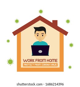 work from home corona virus effect. Illustration vector of corona virus. COVID-19 in Wuhan. Young man work from home because covid-19