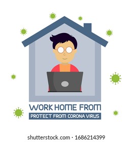 work from home corona virus effect. Illustration vector of corona virus. COVID-19 in Wuhan. Young man work from home because covid-19