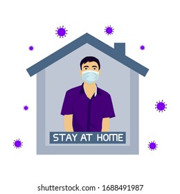 work from home corona virus effect. Illustration vector of corona virus. COVID-19 in Wuhan. Young man work from home because covid-19