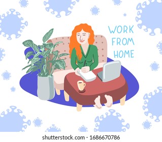 work from home coronavirus covid-2019 prevention - woman with red hair sits on a sofa at a coffee table and works in flat style, vector illustration