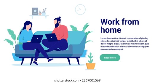 Work from home - Couple sitting in couch with laptop computers working remotely together. Flat design vector illustration with copy space and white background