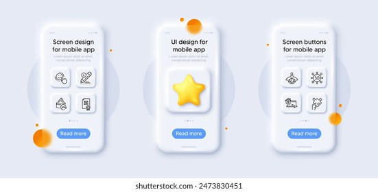 Work home, Court judge and Qr code line icons pack. 3d phone mockups with star. Glass smartphone screen. Web3, Edit, Smile web icon. Uv protection, Puzzle pictogram. For web app, printing. Vector