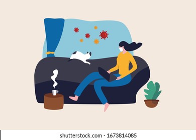 Work from home in COVID-19 virus outbreak, social distancing company allow employee work at home to prevent virus infection, young woman working on sofa with cat look outside to see virus pathogens.