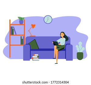 Work from home in COVID-19 virus outbreak, social distancing company allow employee to work at home to prevent virus infection, young woman working on sofa to look outside to see virus pathogens.