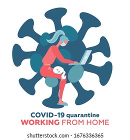 Work from home in COVID-19 virus outbreak,social distancing company allow employee work at home to prevent virus infection, young woman working with cat on the knees. Coronavirus shape isolated print.