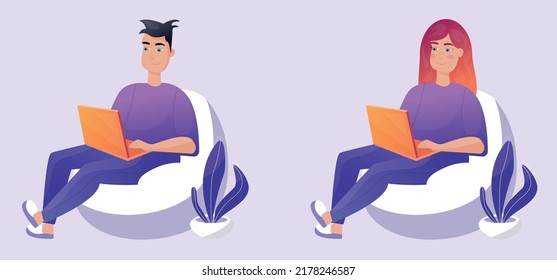 Work at home, coworking, illustration concept. Young people working on laptop at home, quarantined at home. Online career, Freelancers working remotely. Vector illustration in flat style with gradient