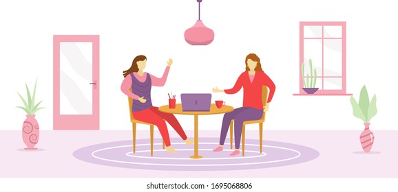 
Work from home, coworking space. The concept of work from home self isolation due to coronavirus. Characters people on quarantine. People is sitting with laptop on the sofa. Vector illustration