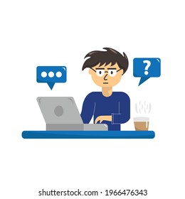 Work at home, coworking space, concept illustrations. Young people, male freelancers working with laptops. People at home are in quarantine. Boss and employees reply to chat. Flat design illustration.
