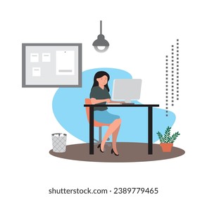 Work at home, coworking space, concept illustration. Young people, men and women freelancers working on laptops and computers at home. Vector flat style illustration