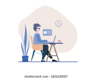 Work at home, coworking space with light tones, concept illustration. Young people, man, freelancer working on laptop and computer at home. People at home in quarantine. Flat vector style illustration