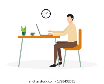 Work at home, coworking space. Young man freelancer working on laptop at home in quarantine. Vector flat illustration isolated on white.
