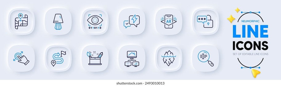 Iconos de la línea del viaje para el App del Web. Paquete de bloqueo, Inteligencia artificial, Iconos de pictogramas de mapas. Iceberg, texto de Búsqueda, signos de realidad aumentada. Botones neumórficos. Vector
