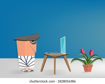 Work at home ,Cup man working in living room.Vector illustration