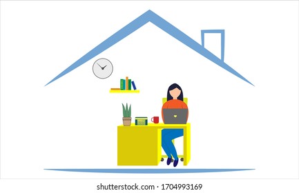 Work from home design concept. Freelance woman working on laptop in her house dressed in home clothes. Vector illustration isolated on white background. Online training, education.eps 10