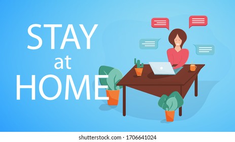 Work from home design concept. A freelance woman working on a laptop in her home and conducting business correspondence. Online training, education. Vector flat illustration