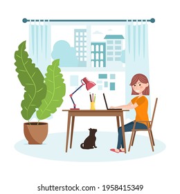 Work at home design concept. Freelancer woman is sitting in the living room at a work table with a laptop. Vector illustration.