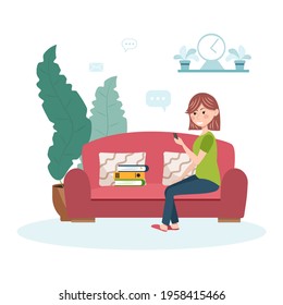 Work at home design concept. Freelancer woman is sitting in the living room on the sofa with a mobile phone and work folders. Vector illustration