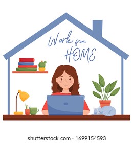 Work from home design concept. Girl working on laptop in her home.