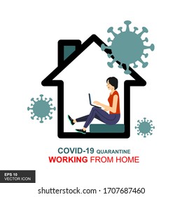 Work in home design concepts. A freelance woman works on a laptop at her home, wearing home clothes. Vector illustration of isolated on a white background. Online study, education.