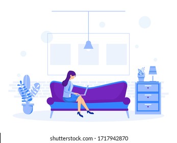 Work at home design concepts.  freelance woman works in front of a laptop at her home. Vector illustration of isolated on a white background. Online study, education.