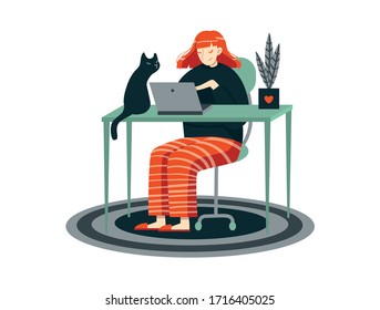 Work from home, distant work, freelance concept. A woman works with a laptop through the internet from home in a cozy comfortable setting. The cat is sitting next to the owner. Potted flowers, carpet.