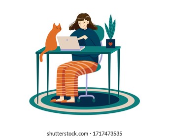 Work from home, distant work, freelance concept. A woman works with a laptop through the internet from home in a cozy comfortable setting. The cat is sitting next to the owner. Potted flower, carpet.
