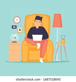 Work at home, distant work, freelance, quarantine, a man with a laptop sitting on a chair working. Flat design vector illustration.