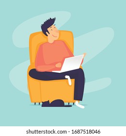 Work at home, distant work, freelance, quarantine, a man with a laptop sitting on a chair working. Flat design vector illustration.