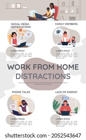 Work from home distractions flat color vector infographic template. Poster with text, PPT page concept design with cartoon characters. Creative data visualization. Info banner idea