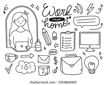 Trabajar en el hogar dibujo de dibujos colección de iconos conjunto de líneas vectores de arte