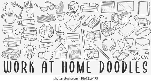 Work at Home, doodle icon set. Tele working Style Vector illustration collection. Banner Hand drawn Line art style.