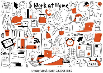 Work at home doodle set. collection of hand drawn sketches templates patterns of people freelancers sitting working at computer remotely from house. Business occupation freelance free lifestyle