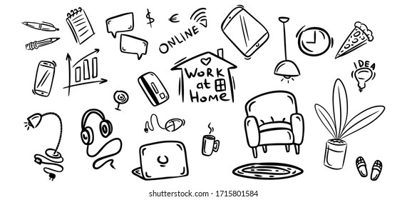 Work at home doodle set. Laptop, smartphone, headphones, armchair, mug, plant, tablet, lamp and other items. Vector illustration.