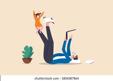 Work from home due to Coronavirus COVID-19 pandemic concept, businessman lay down working at home using laptop and headset for conference call meeting and take care his daughter child playing with cat