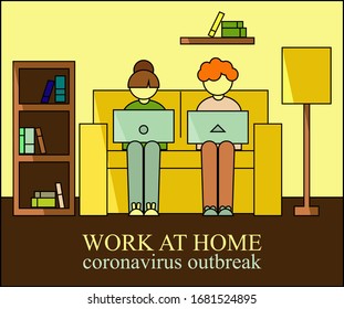 Work at home during coronavirus outbreak. Man and woman works from home. Family sitting on a sofa with a laptop. Living room background. Vector illustration in flat style. 