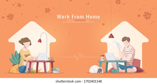 Work from home during Coronavirus outbreak concept in flat style, Man and woman working on their laptop at home