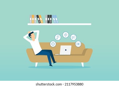 Work From Home During Coronavirus Pandemic, Burnout Syndrome, Tired Man With Low Energy Battery, Working On Laptop, Vector Illustration Design Concept In Flat Style