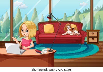 Work from home during coronavirus quarantine and dog illustration